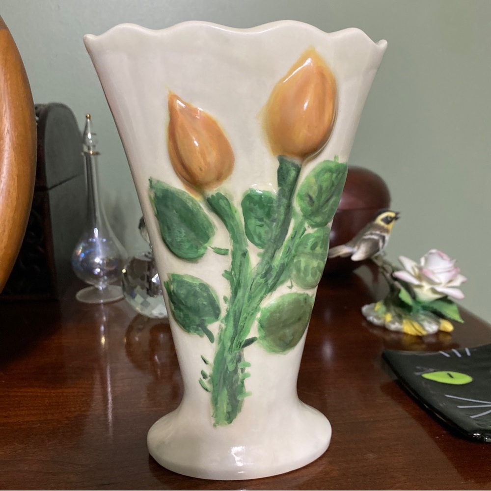 Elegant Cream Vase with floral design as is